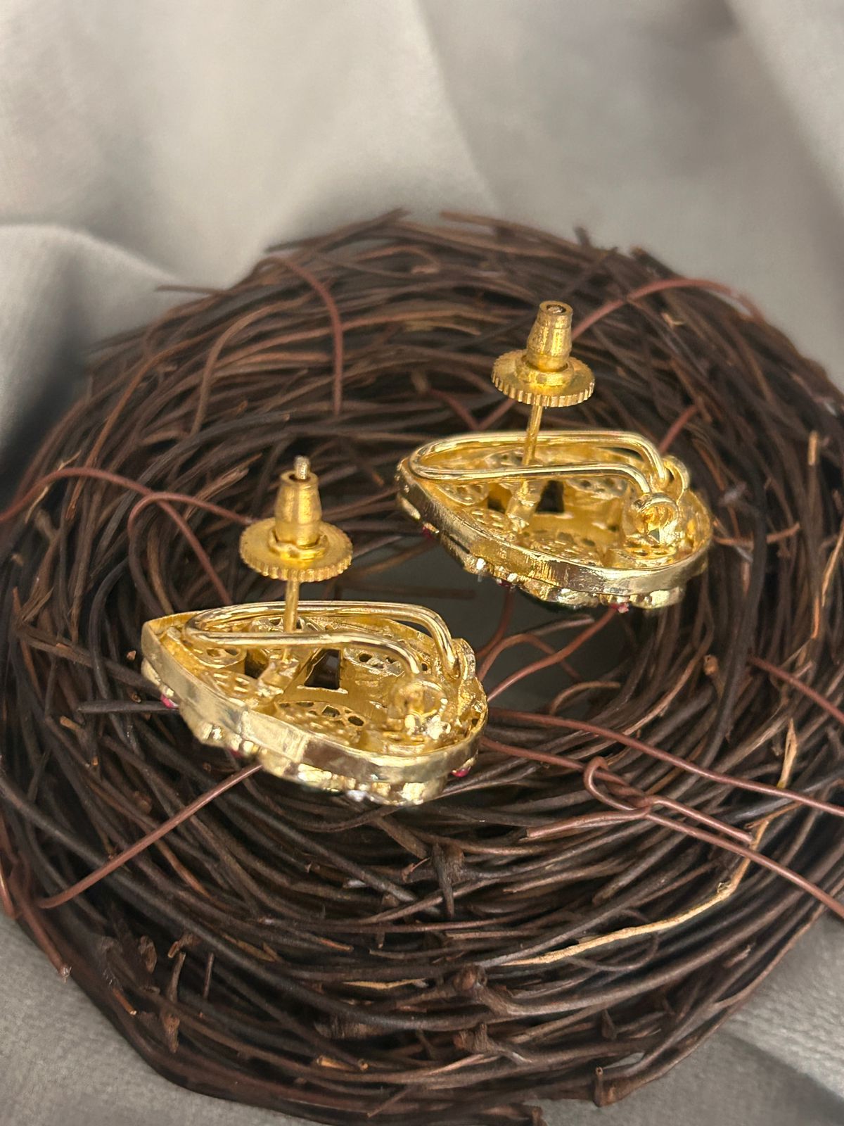 Teardrop Green Kundan Stud Earrings with Ruby Accents